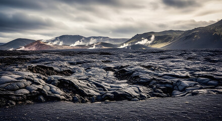Barren volcanic landscape with smoking vents and rugged lava fields under a dramatic cloudy sky.