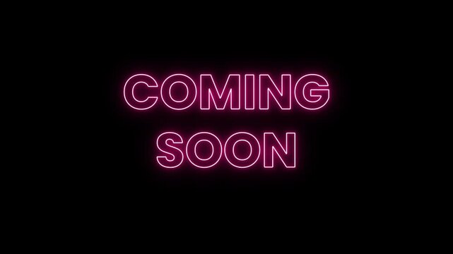 Coming soon neon text animation. Glowing pink typography with modern light effect on dark background