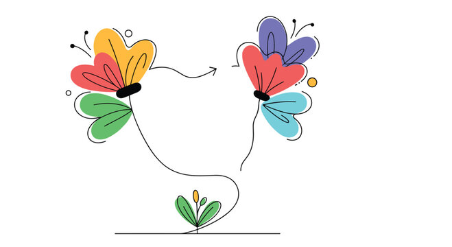 Whimsical and creative illustration of two colorful flower like butterflies growing from a single stem in a minimalist hand drawn style.