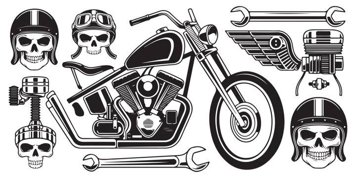 Motorcycle rider skull in helmet set with vintage chopper bike engine parts and wrench for garage design