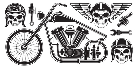 Vintage custom chopper bike vector set with skull in motorcycle helmet and winged engine for biker design © Siyam Islam