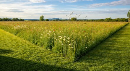 Fototapeta premium Scenic meadow landscape featuring wildflowers mown grass and distant hills against a partly cloudy summer sky