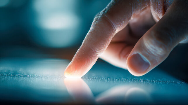 Human finger interacting with illuminated touchscreen surface in low light environment showing technology and digital connection concepts