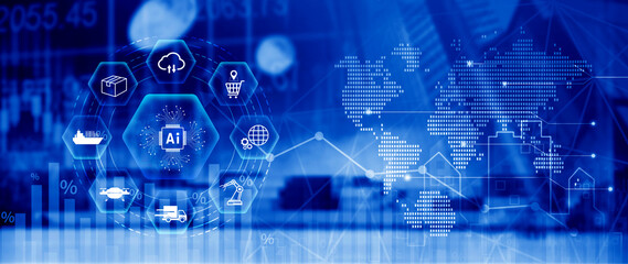 Fototapeta premium Smart logistics concept. warehouse operations with AI technology, using digital tools for inventory tracking, automation, and efficient supply chain control. not ai