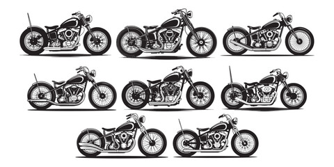 Classic custom chopper motorcycles collection isolated on white background for side view silhouette design © Siyam Islam