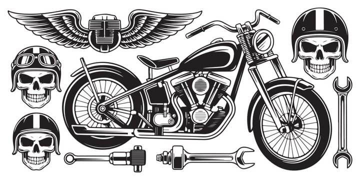 Vintage motorcycle kit with skull in helmet and chrome tools for custom bike builder workshop logo design