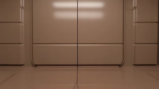 Empty futuristic corridor inside a spacecraft, featuring sleek walls, illuminated ceiling panels, and glossy floor reflecting the minimalist, high tech interior architecture
