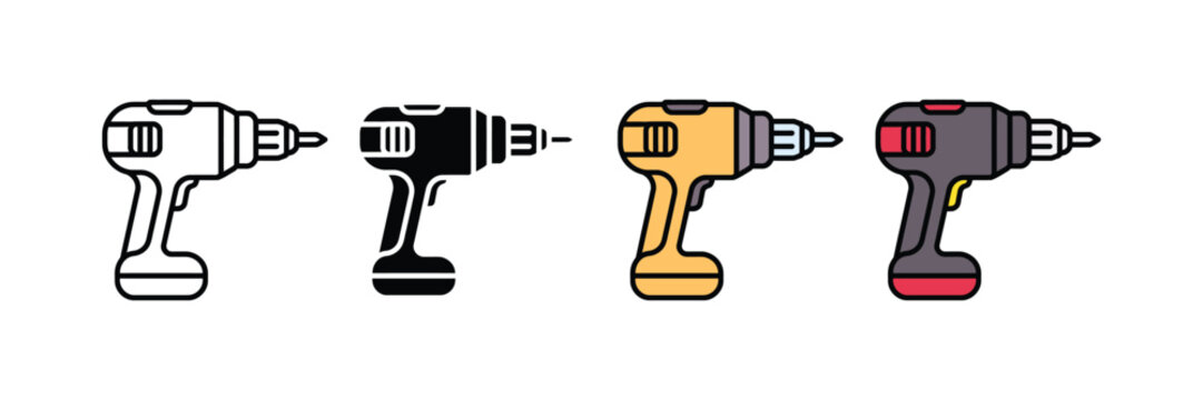 Electric power drill icon vector set. Cordless drill symbol for home improvement, carpentry, and construction tool kit. Vector Illustration.