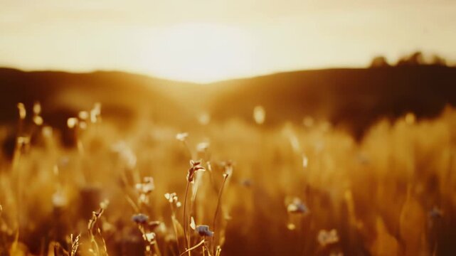 Wildflower stems rising in a golden meadow at sunset, bathed in warm light with soft bokeh, evoking serene summer evenings and tranquil rural beauty