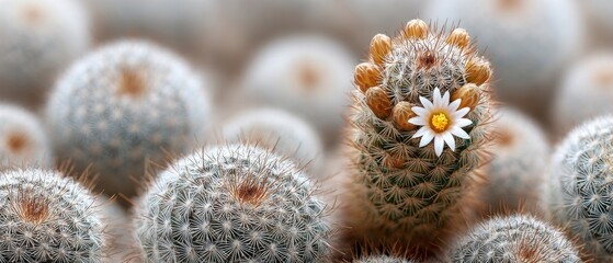 Beautiful white cactus flower blooms at sunset over cacti with copy space in close-up shot
