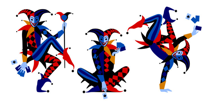 A dancing, sitting and tumbling Joker in a brightly colored suit with playing cards isolated on white. Vector illustration in contrast flat style
