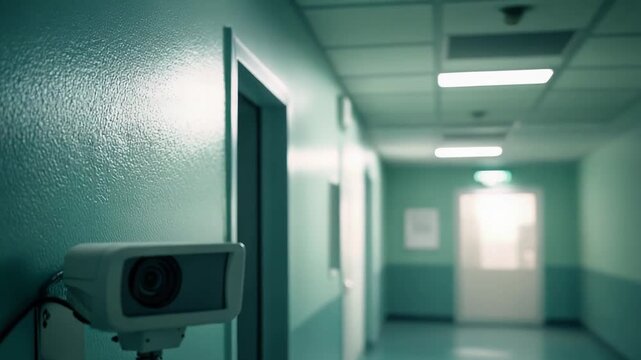 Security camera recording activities along a quiet institutional hallway, emphasizing constant surveillance and protection within a modern medical environment