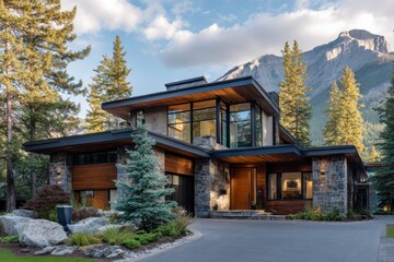 Obraz premium A contemporary house beautifully situated in a picturesque mountain landscape, surrounded by lush trees and illuminated by bright, clear skies during the day