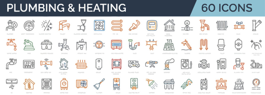 Collection of plumbing and heating icons displayed on a clean white background illustrating various tools and equipment