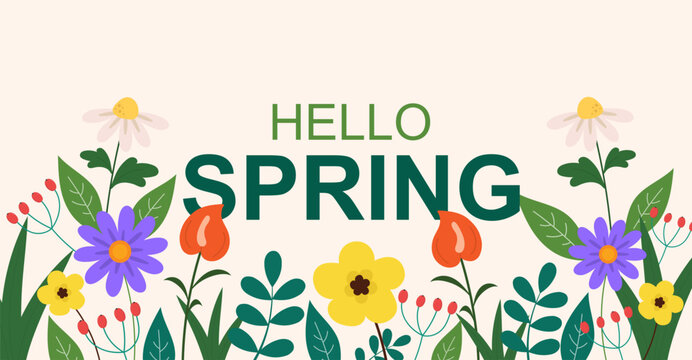 Hello Spring flower background banner or poster template. Flat vector design with blossoms for March holiday, cards, and posters