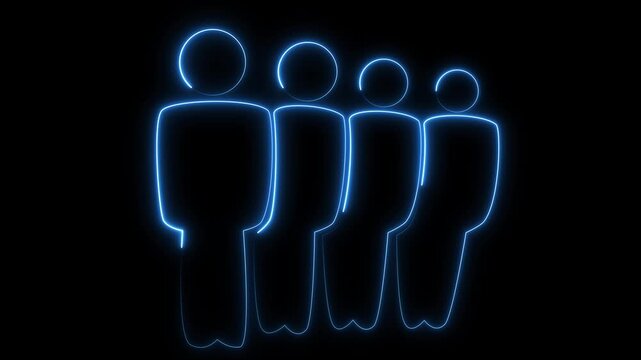 Blue Neon Outline of Four Human Figures Standing Side by Side on animated Black people group, Row of blue neon outline human figures in a line on a black background people.