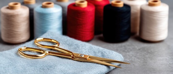 Scissors placed on a piece of fabric with colorful spools of thread in the background showing craft materials and tools in a workspace