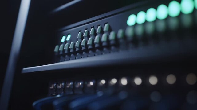 Professional audio mixer console with faders and glowing indicators in foreground, reflecting light and creating atmosphere for music production and sound engineering