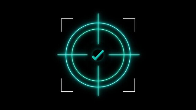 Cyan Neon Cross hair Target Reticule with Corner Brackets on animated Black Background scope aiming, Glowing cyan neon light target icon animation, neon target icon animation on dark black background.