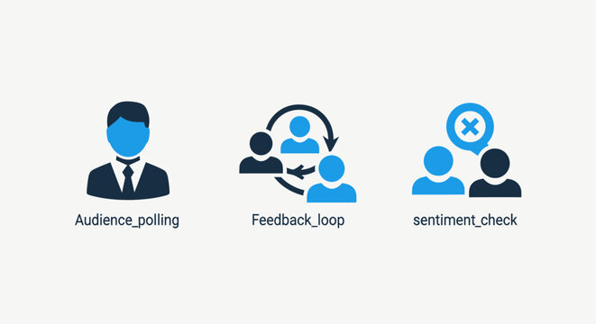 Icons for market research and customer feedback: audience polling, feedback loops, and sentiment checks, using blue and dark grey.