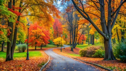 Naklejka premium Autumn Park Winding Path Colorful Foliage Background