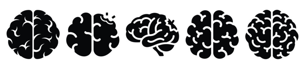 Collection of Happy Halloween zombie brain silhouette icon set. Vector illustration on white background.