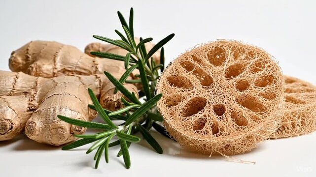 Close-up video of fresh ginger roots, green rosemary sprigs, and dried loofah slices on a white background, showcasing natural ingredients for health and wellness.