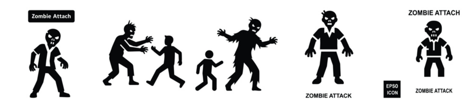 Collection of Happy Halloween zombie attack silhouette icon set. Vector illustration on white background.