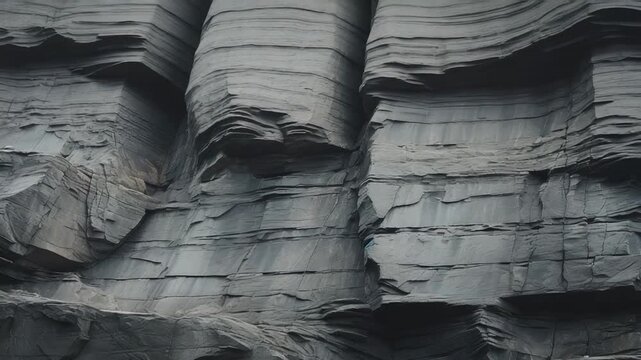 Dark gray layered rock face with rough, weathered texture and natural patterns, full frame abstract geological background showing slate like strata, relief and deep shadow