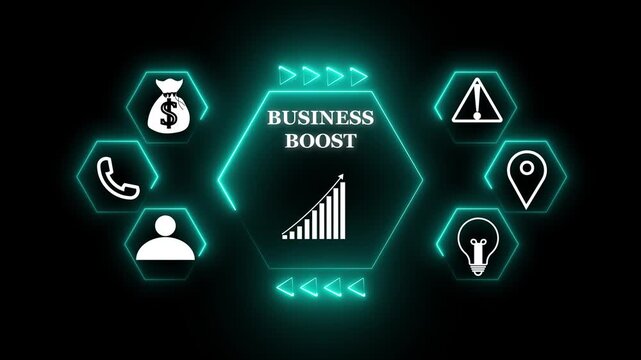 Business BT concept with glowing cyan neon hexagons and business icons on animated black background, Digital interface with glowing blue neon circle and data driven success icons business technology.