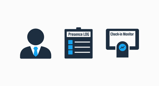 Icons for attendance tracking and monitoring: user profile, presence log checklist, and check-in monitor screen.