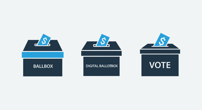 Icons representing financial voting and digital ballot boxes with dollar signs, signifying online elections or monetary decisions, in a modern blue and dark blue palette.