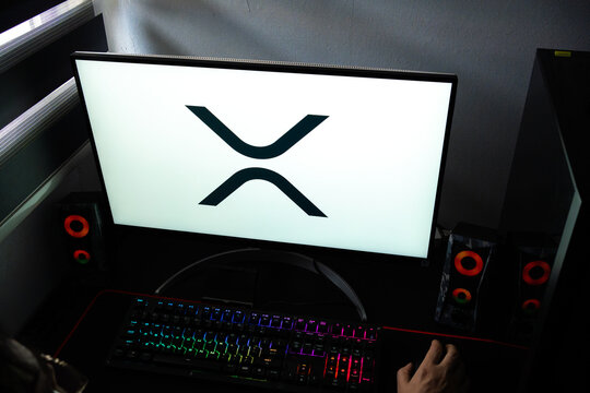 Punta Arenas, Chile &ndash; February 18, 2026: A person at a desk with the XRP cryptocurrency and digital asset logo displayed on a computer monitor