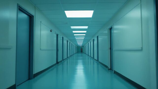 Long empty corridor in a modern medical building or hospital, featuring multiple doors, sterile surfaces, and bright overhead lighting emphasizing a sense of order and cleanliness