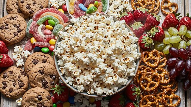Assortment of snacks and treats for dietary and festive content
