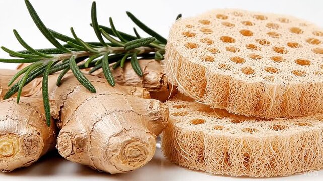 Close-up video of fresh ginger root and dried lotus root slices with a sprig of rosemary, showcasing natural ingredients for cooking or herbal remedies on a white background.