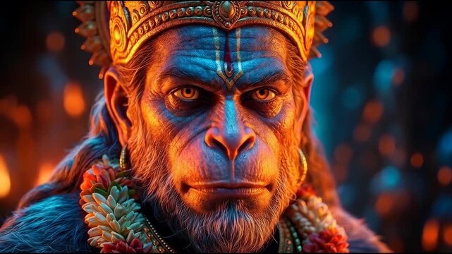 Majestic Hanuman inspired divine warrior, glowing spiritual aura, epic cinematic Hindu mythology illustration