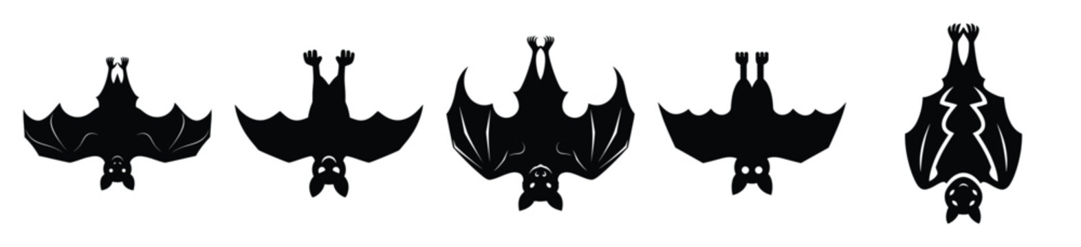 Collection of Happy Halloween bat hanging upside silhouette icon set. Vector illustration on white background.