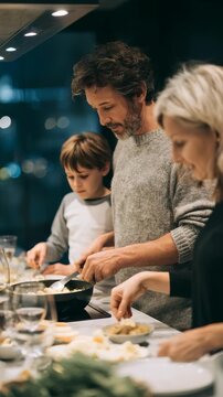 A father, mother, and young son collaborate in the kitchen, slicing vegetables and cooking with care. The scene captures togetherness, culinary creativity, and the joy of family traditions