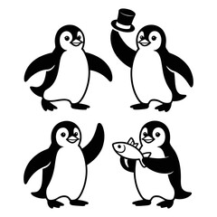 Obraz premium A delightful set of four cheerful cartoon penguins in various playful poses, depicted in black and white.