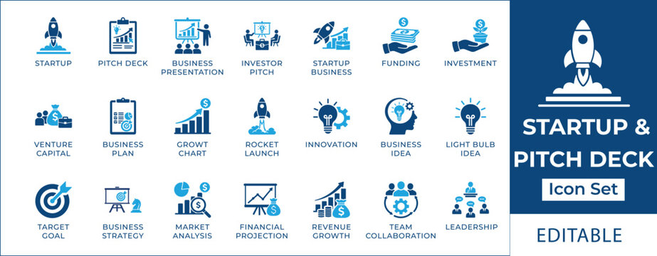 Startup and pitch deck icon set featuring venture capital, investor pitch, rocket launch, business plan, financial projection, funding, and entrepreneurship symbols.
