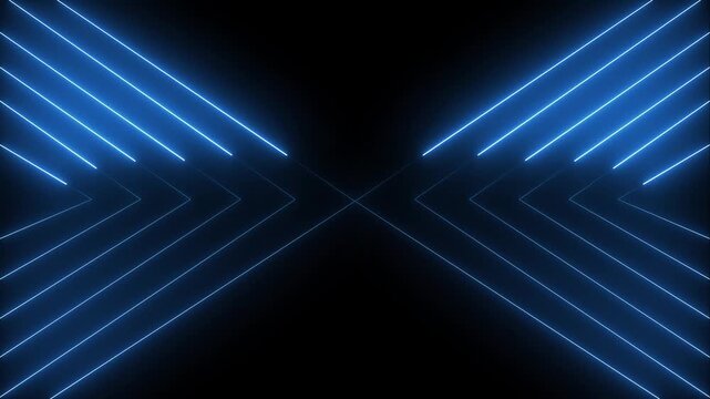 Abstract animated background of intersecting blue neon lines forming a symmetrical chevron pattern on black, Glowing blue and cyan Neon Cross Design animation with dark black background.