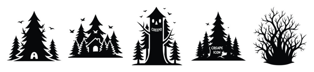 Obraz premium Collection of Happy Halloween creepy forest silhouette icon set. Vector illustration on white background.