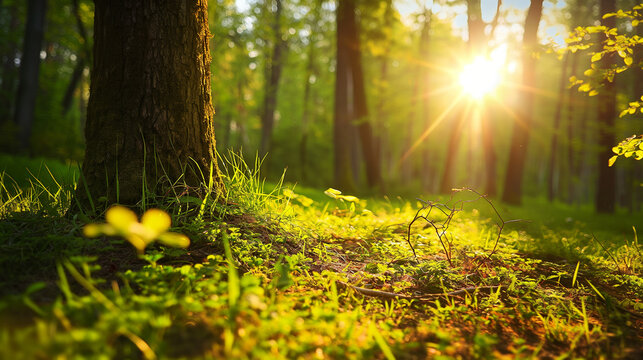 Sunlit forest clearing in early spring, warm light and fresh leaves creating sense of balance, growth and emotional clarity