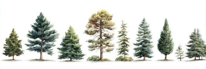 Diverse collection of evergreen trees on a white background