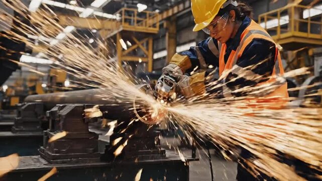 Worker uses grinder on metal pipe in industrial workshop during daytime hours