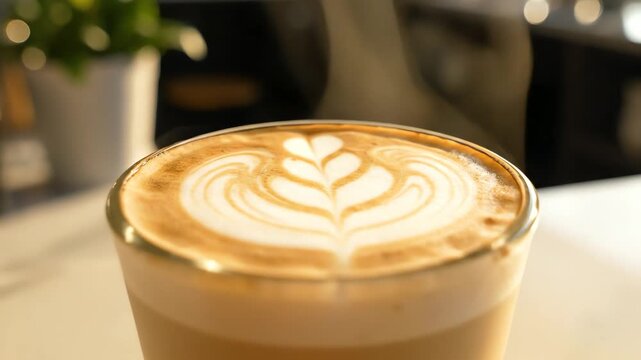 Close up of a coffee drink with latte art in a cafe setting