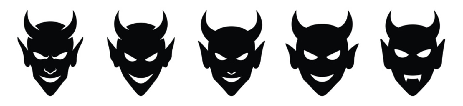 Collection of Happy Halloween devil face silhouette icon set. Vector illustration on white background.
