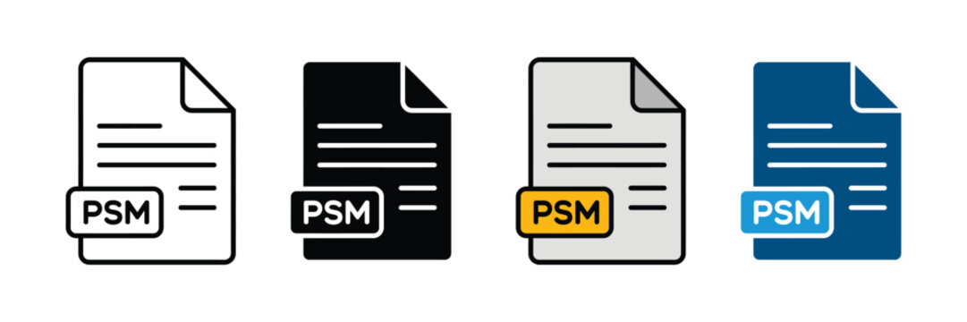PSM file extension icon vector set. Document format symbol for specific software data, technical files, and digital storage. Vector Illustration.
