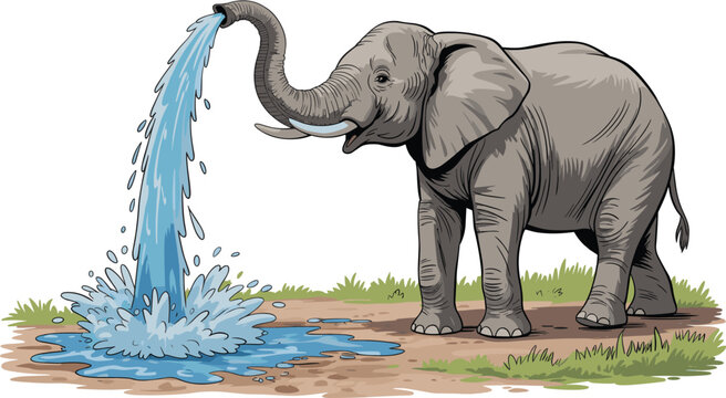 Detailed vector illustration of an African elephant, playfully spraying fresh blue water from its trunk, creating a large splashing puddle.